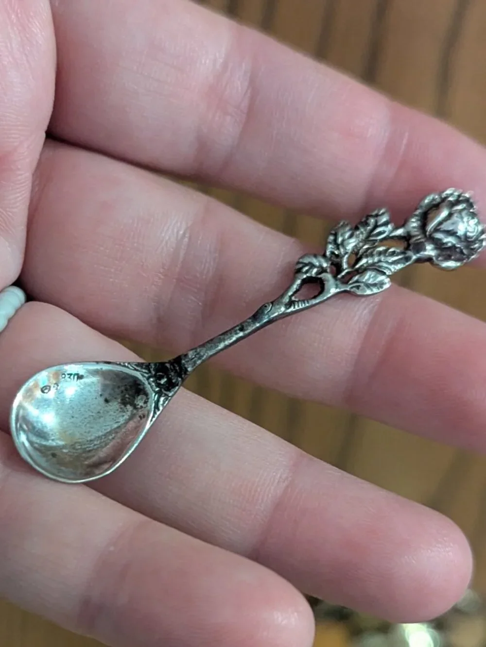 Antique Silver 830 Rose‎ Floral Salt Spoon Ornate Beautiful 2.5